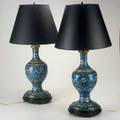 Cloissonne pair of baluster form table lamps c1930 enamel brass ebonized wood unmarked each overall 31 x 16 dia