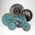 Asian cloisonne trays six with floral and bird decoration early 20th c largest 14 38