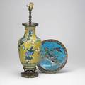 Japanese cloisonne platter with geese and vase with flowers on yellow ground mounted as a lamp 20th c vase 15 platter 12 dia