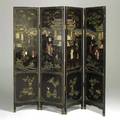 Asian lacquer screen four panel with hardstone inlay 20th c 71 12 x 73 total