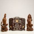 Decorative asian group three pieces 19th20th century two quan yin wood carvings and a carved wood screen with inset jade panels tallest 16