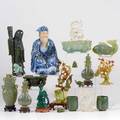 Asian hardstone and porcelain group nineteen pieces porcelain seated wiseman two nephrite carved birds in trees two spinach jade cups etc tallest 11 12