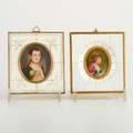 Portrait miniatures two late 19th  early 20th c portraits on ivory of napoleon and lady with spaniel both illegibly signed largest 4 x 3 58
