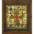 English arts and crafts stained glass panel with sunflower pattern england ca 1880 in original frame unsigned overall 32 12 x 27 12