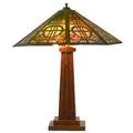 Prairie school slag glass table lamp early 20th c glass oak and brass unmarked 23 x 19 34 dia