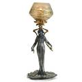 Austrian art nouveau table lamp with maiden and bohemian glass shade 20th c pewter brass and glass unmarked 15 34 x 6 12 dia