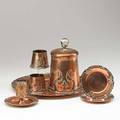 Joseph heinrichs attr sevenpiece smoking set humidor matchbox holder serving tray ashtrays and two cylindrical match holders new york ca 1900 silver copper and glass each stamped sterli
