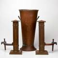 Arts  crafts metal hammered copper umbrella stand and pair of brass andirons all unmarked umbrella stand 25 12