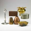 Arts  crafts metal seven pieces two dirk van erp lidded boxes french art vase with flared and ruffled rim two hammered copper vases letter holder and candlestick most unmarked candlestick 8 3