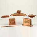 Bradley  hubbard sixpiece copper desk set inkwell and pen tray letter opener blotter stamp box calendarframe and letter holder marked largest 4