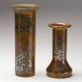 Heintz two sterlingonbronze vases one with ducks and homestead the other with pine tree unmarked tallest 10