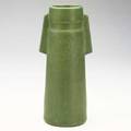 Owens matt green vase with roses and buttressed handles impressed owens341 10 x 3 34 dia