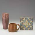 American art pottery three pieces rookwood vase in frothy aubergine 1923 walrath mug with apples and wheatley tile all marked tallest 8