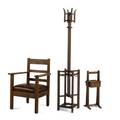 Arts  crafts three pieces usa early 20th c armchair lakeside crafters smoking stand and hall tree quartersawn oak patinated metal and leather unmarked armchair 34 34 x 25 x 21