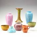 California faience jugtown etc eight pieces two california faience high glaze vases three bowls jugtown cabinet vase and pitcher and candlestick some marked candlestick 8 34