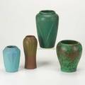 Van briggle rookwood etc four pieces two van briggle vases with leaves one in robins egg blue 1916 the other mountain craig brown 1920s together with rookwood vase in mat green 1905 an