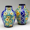 Boch freres pair of large vases with blue orange yellow and green flowers belgium ca 1920s circular boch freres stamp and incised gog each 12 x 8