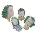 Goldscheider four masks with white skin and green curls austria 1930s1950s stamped goldscheider wien made in austria label 7496 12 6836 7950 33 tallest 11 x 8