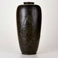 Japanese bronze vase with basrelief carvings of five roosters 20th c marked 17 34 x 9 dia
