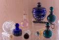 Glass Perfume Bottles Nine 9 and a Powder Jar