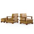 Lajos kozma 1884  1948 pair of lounge chairs and ottoman budapest 1920s lacquered figured walnut silk brass unmarked chair 33 12 x 31 34 x 36 ottoman 14 x 29 14 x 17 34 proven