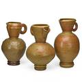 Val cushing b 1931 three massive stoneware pitchers in reduction glazes alfred ny all signed largest 20 x 10 provenance the henry bauer collection