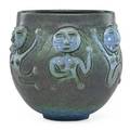 Edwin scheier 1910  2008 mary scheier 1908  2007 vessel with figures in relief gunmetal verdigris and blue glaze green valley az 1990 signed and dated 7 x 7 provenance collection of