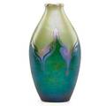 Tiffany studios favrile glass vase with green and gold pulled feather decoration new york 1905 etched lct w8331 7 12 x 4