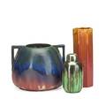 Fulper three vases assorted glazes flemington nj 191016 vertical rectangular ink stamps tallest 8 34 x 2 34