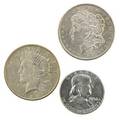 Us 100 and 50c coins sixtytwo pieces 12 morgan silver 100 10 peace silver 100 and 40 1959 franklin 50c