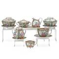 Chinese rose medallion porcelain twentysix items 19th20th c sugar creamer and tray six covered boullions and seven assorted cups and saucers largest 3 34 x 4 34