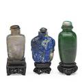 Chinese snuff bottles three with spoons and bases 19th20th c jade lapis and quartz tallest 3 12 with base