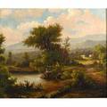 19th c landscape oil on canvas of a man fishing framed 21 x 25