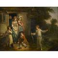 English genre scene oil on metal of a family outside a cottage 19th c framed 13 x 18