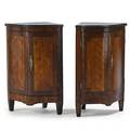 Pair of diminuitive french corner cabinets marble top with inlaid door fronts 19th c 33 x 17 x 16 12