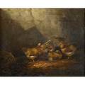 James renwick brevoort american 18321918 oil on panel of a rooster and hens framed signed 10 x 12 14