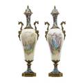 Pair of french porcelain lidded urns bronze mounted with handpainted classical scenes and enamel decoration 19th c artist signed e deniere 22