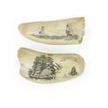 Whale teeth scrimshaw two with nautical scenes 19th20th c larger 5 12