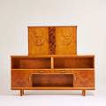 Scandinavian bar cabinet 1950s birch maple burl exotic wood inlays plastic wood copper decal label aase mobler 58 x 70 x 12