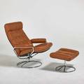 Ekornes adjustable lounge chair and ottoman norway 1970s chromed steel leather canvas embroidered signature chair 39 x 32 x 34 ottoman 16 x 21 12 x 18