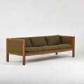 Metropolitan furniture threeseat sofa san francisco ca 1970s stained oak wool manufacturer label 27 x 83 x 31 12