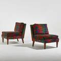 Style of edward wormley pair of lounge chairs usa 1960s jack lenor larsen upholstery walnut unmarked each 29 x 30 x 25