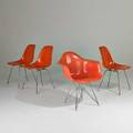 Charles and ray eames herman miller four shell chairs one arm dkr and three sides dax zeeland mi 1960s plastic reinforced fiberglass rubber and zincplated metal paper labels armchai