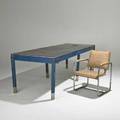 William lascaze library table and armchair usa 1920s chromed and enameled steel bakelite and vinyl unmarked table 31 x 108 x 36 chair 32 x 23 x 24