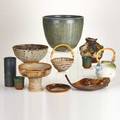 Contemporary studio pottery eleven pieces usa late20th c including pitcher by gary holt berkeley ca pair of cups by eunice prieto vase in matte black glaze by paddy mcneely etc some mar