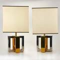 Modern lighting pair of table lamps with original shades 20th c brass chromed metal linen unmarked 25 14 x 13 34 x 13 34