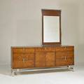 White furniture company cabinet and mirror usa 1960s walnut maple burl polished aluminum branded dresser 32 x 76 x 19 34 mirror 48 x 28 12