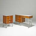 Raymond loewy hillromattr single pedestal desk and threedrawer cabinet usa 1960s laminate walnut and brushed metal unmarked desk 29 x 48 x 17 14 cabinet 29 x 20 12 x 17 14