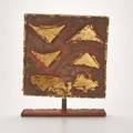 Mathias goeritz germanmexican 19151990 metal sculpture of pivoting square panel decorated with gold triangles mounted on a rectangular base mid to late20th c initialed mg 17 12 x 14 1