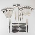 Wmf cromargan flatware seventynine pieces germany mid20th c stainless steel includes thirtyone spoons twentyfive forks twentyone knives and two salad tongs all marked largest 12